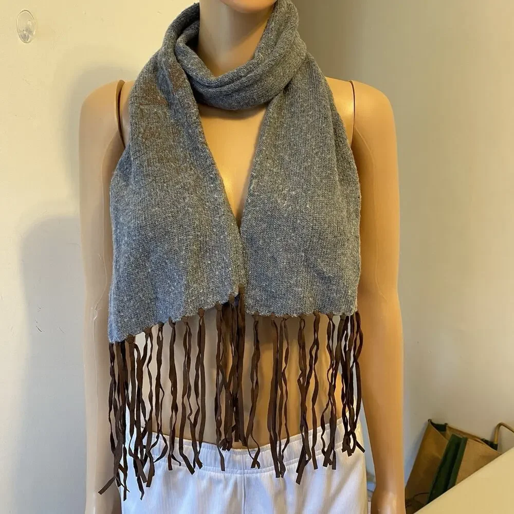 Ralph Lauren Merino Wool Blend Neck Warmer Scarf Blue Tweed Long Fringe Unisex